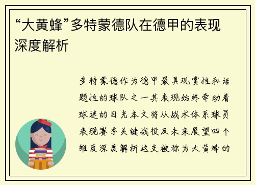 “大黄蜂”多特蒙德队在德甲的表现深度解析