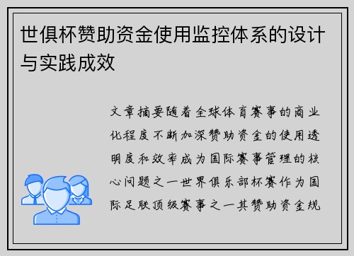 世俱杯赞助资金使用监控体系的设计与实践成效